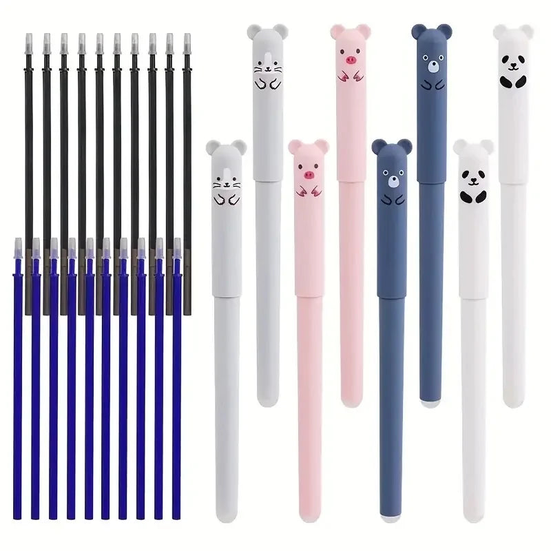 A set of black, white, and pink panda-themed erasable gel pens with refills.