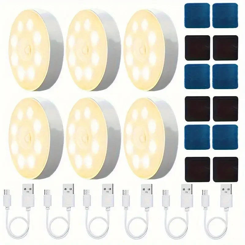 A set of motion sensor LED night lights with various sizes and a collection of electrical connectors.