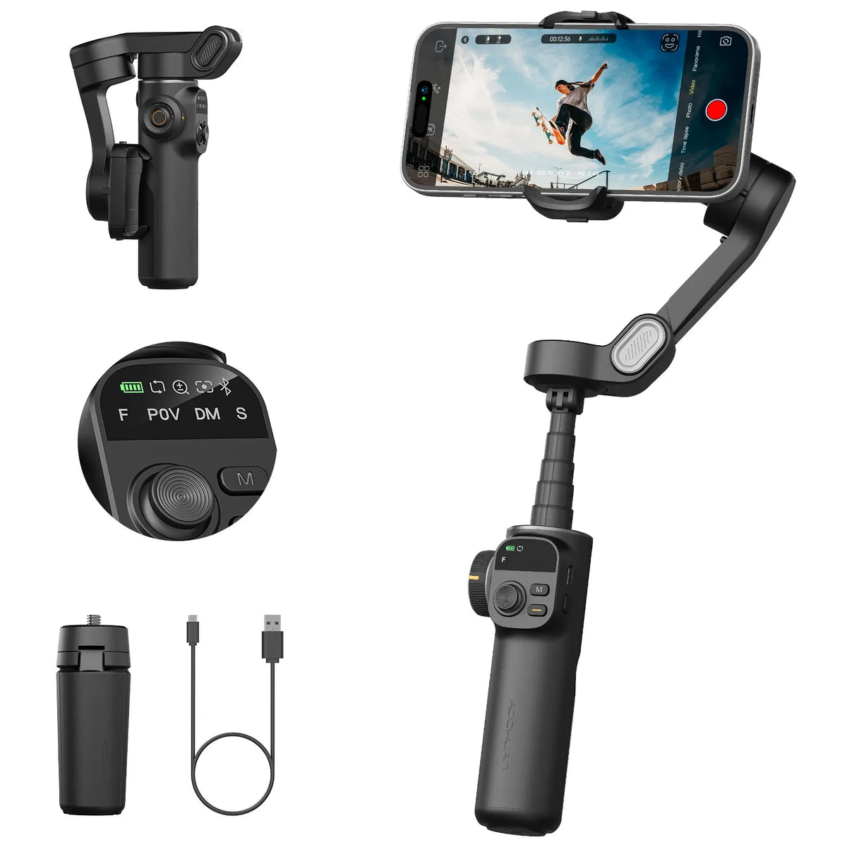 A portable smartphone gimbal stabilizer shown with its components including the device, mount, and charging cable.