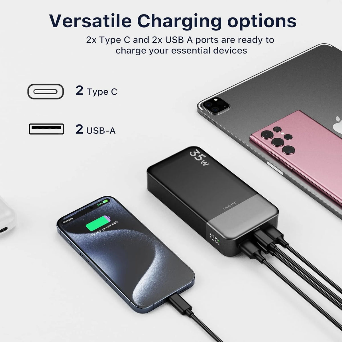 A black power bank with multiple charging ports is shown next to a smartphone, illustrating versatile charging options.
