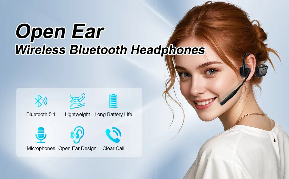 A smiling woman wearing open ear wireless Bluetooth headphones with a microphone.