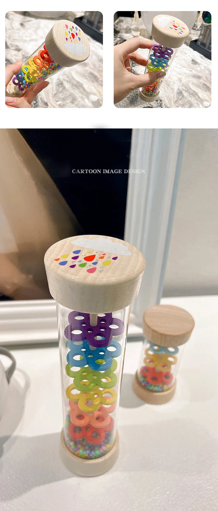 A clear tube filled with colorful plastic rings and a wooden cap, used as a musical instrument.