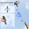A black extended and folded selfie stick tripod is shown with a Bluetooth remote, demonstrating its convenience for photograp
