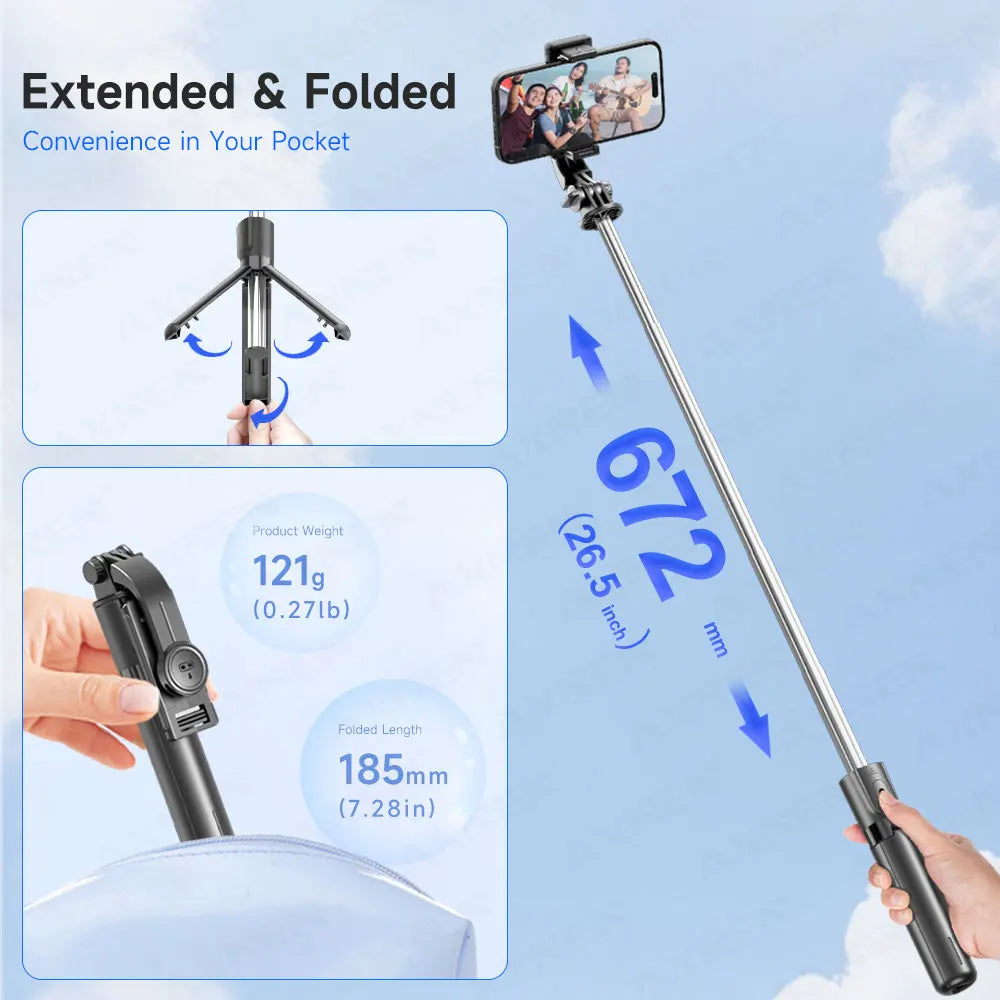 A black extended and folded selfie stick tripod is shown with a Bluetooth remote, demonstrating its convenience for photograp