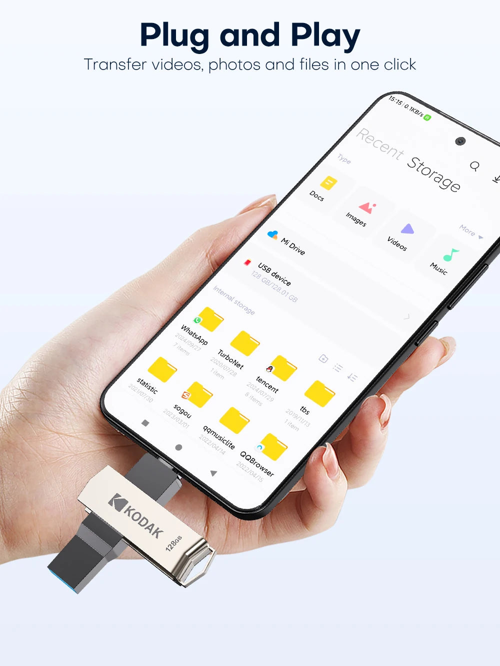 A hand holds a Kodak flash drive plugged into a smartphone, demonstrating a plug and play file transfer feature.