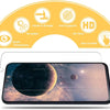 A close-up view of an HD tempered glass screen protector applied to a smartphone displaying a space background.