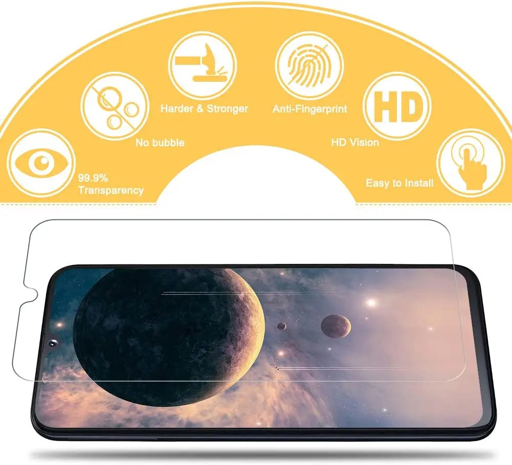 A close-up view of an HD tempered glass screen protector applied to a smartphone displaying a space background.
