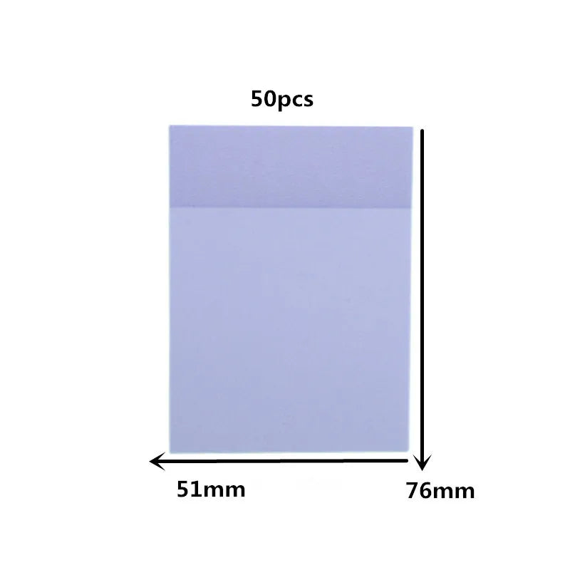 A rectangular sheet of light purple transparent sticky note memo pad with dimensions 51mm by 76mm.