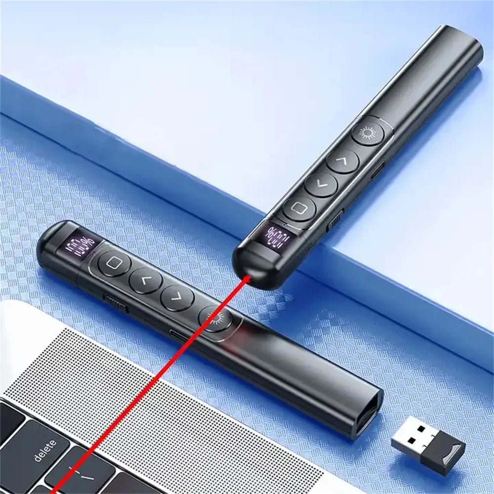 A black presentation pen pointer with a red light remote is shown next to a laptop and a USB drive.