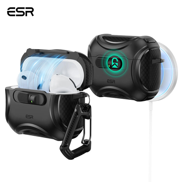 Black Secure Magnetic AirPods case with flicklock closure and translucent silicone protection