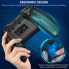 A hand grips a black ergonomic controller with a teal accent, demonstrating its comfortable design.