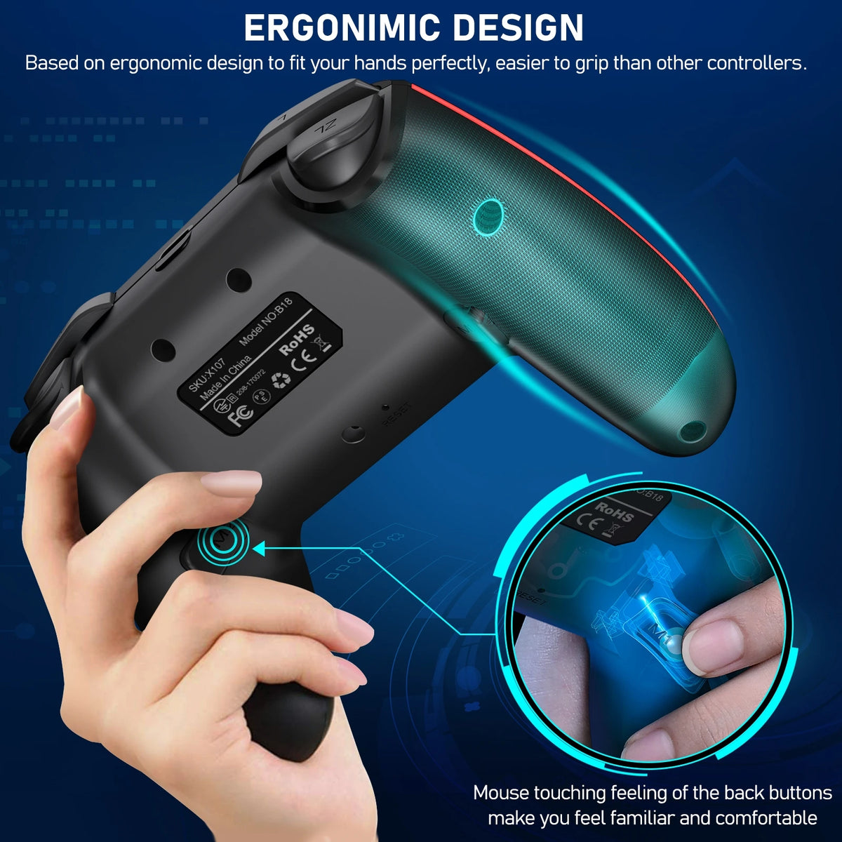 A hand grips a black ergonomic controller with a teal accent, demonstrating its comfortable design.