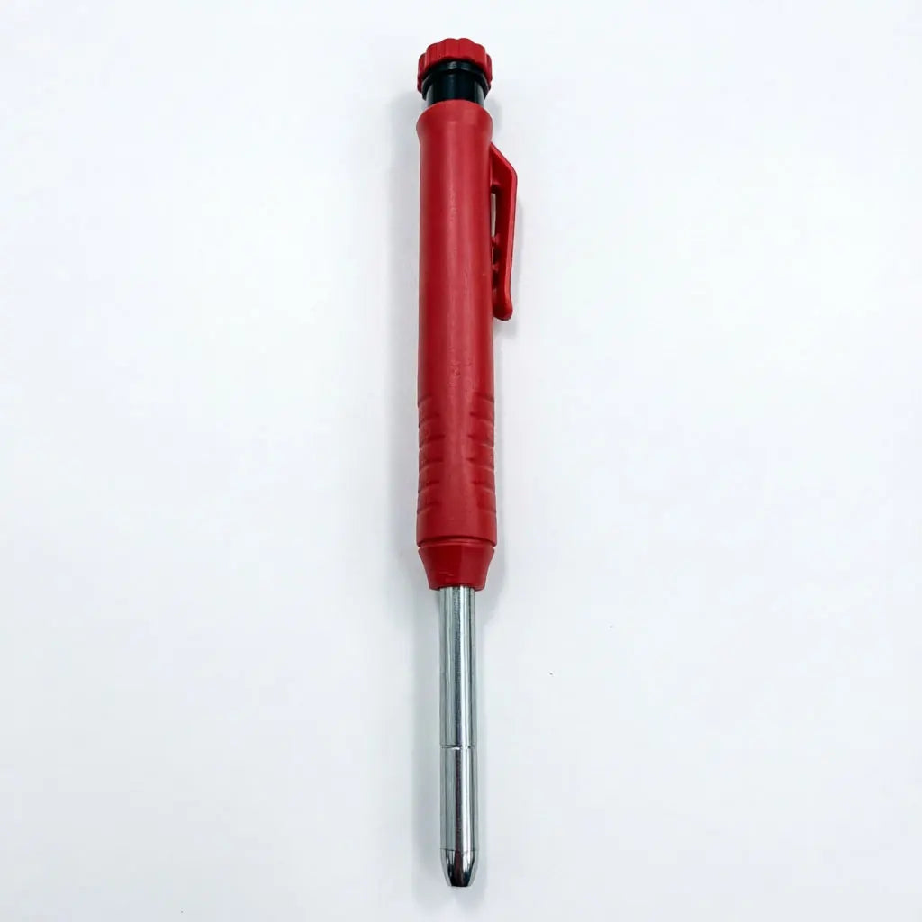 A red refillable woodworking marker pencil with a metal tip and cap.