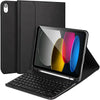 A black protective case with a keyboard for an iPad Air is shown, featuring a display and a camera module.