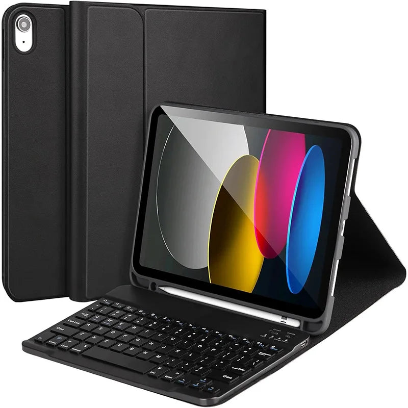 A black protective case with a keyboard for an iPad Air is shown, featuring a display and a camera module.
