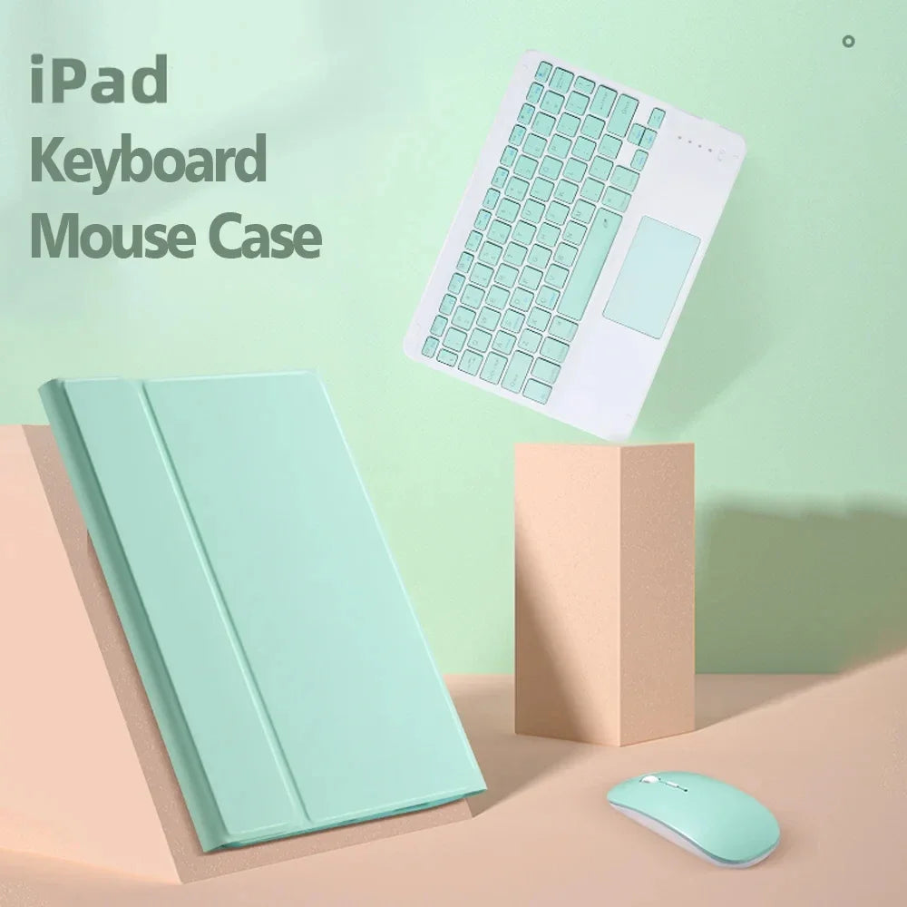 A light mint green Bluetooth keyboard case for an iPad is shown next to a wireless mouse.