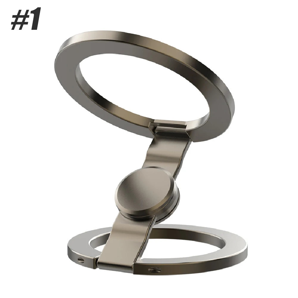 A silver magnetic foldable phone stand with a fidget spinner mechanism.