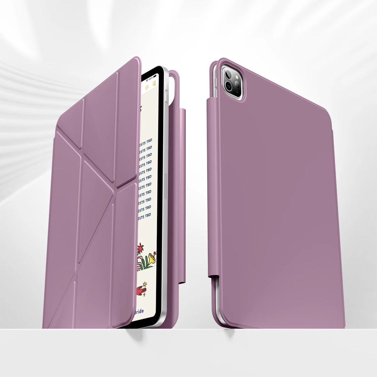 A mauve magnetic protective case for an Apple iPad, shown in a closed and open view.