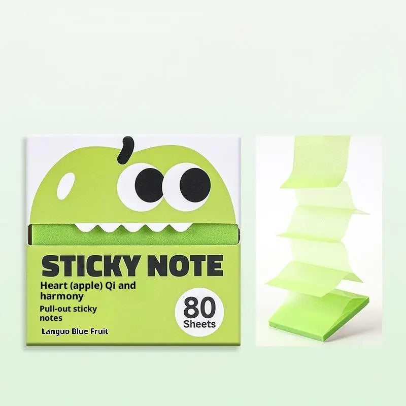 Eine Box mit 80 transparenten, perlmuttartigen Haftnotizen mit einem lächelnden grünen Gesichtsdesign.