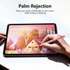 A hand holds a pink stylus pen writing on an iPad screen, demonstrating palm rejection technology.