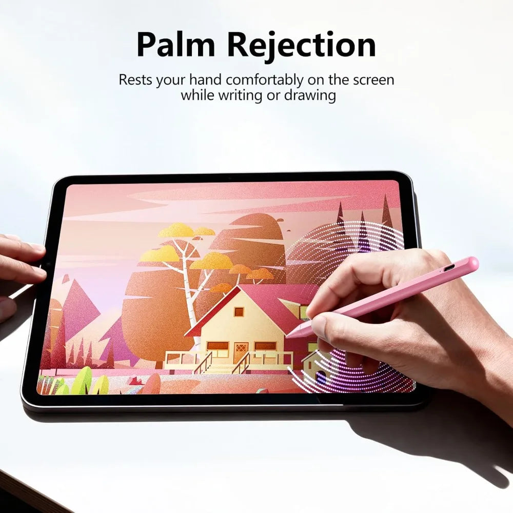 A hand uses a pink stylus pen to write or draw on an iPad screen, demonstrating palm rejection.