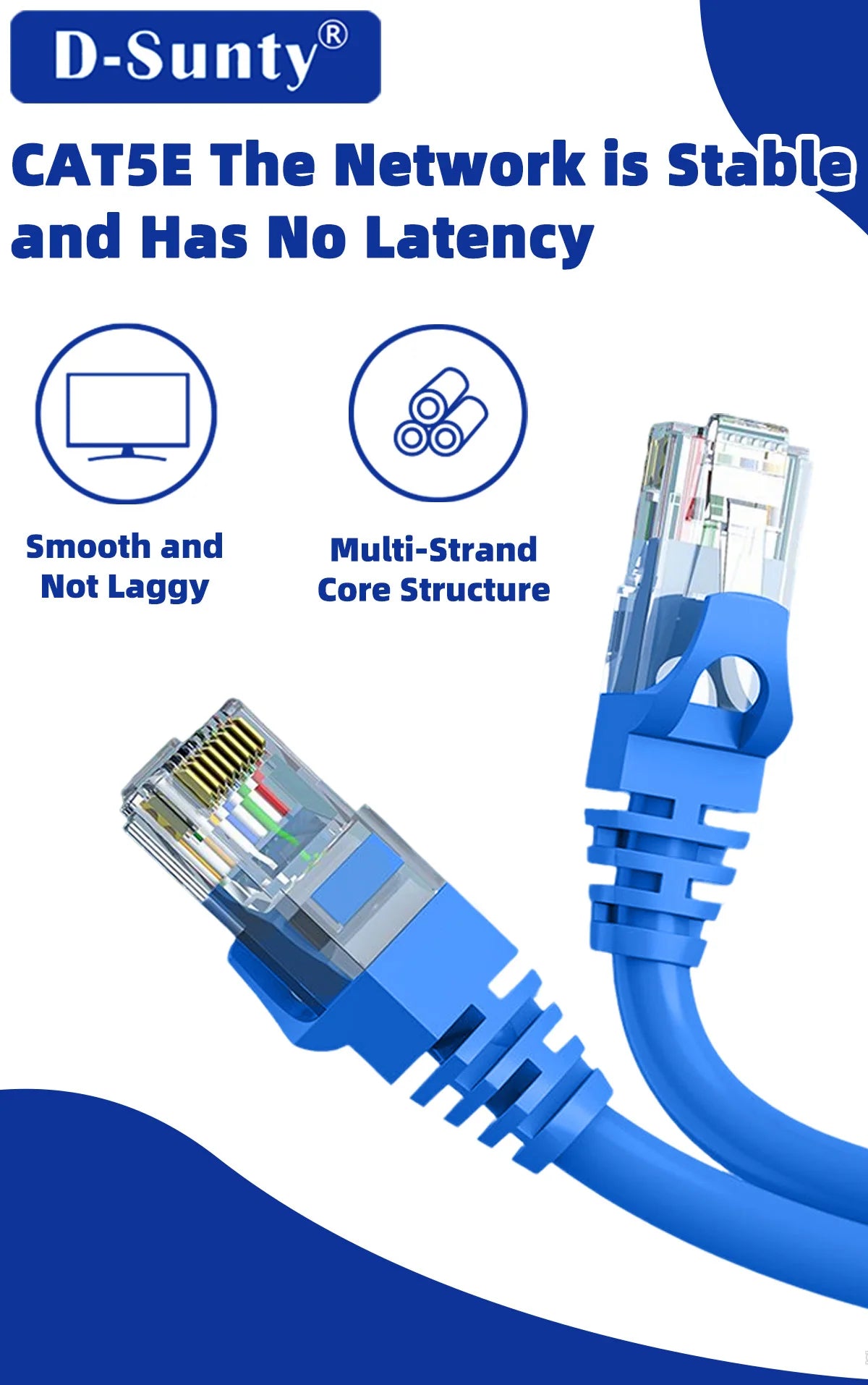 Blauer CAT5E Ethernet-Kabelstecker und Drahtbündel für die Netzwerkkonnektivität.