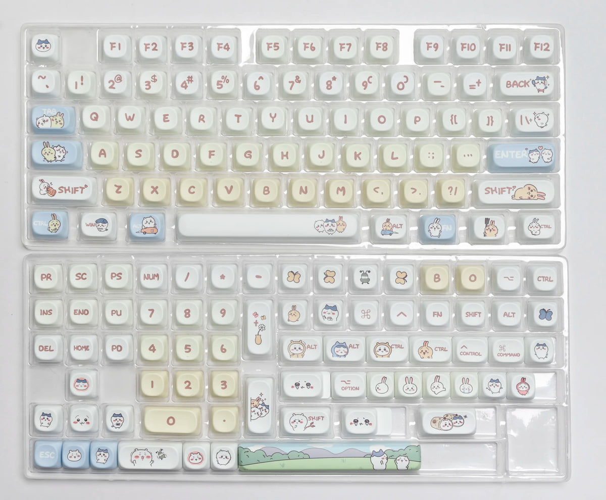 A clear plastic case containing a full set of dye-sublimated PBT keycaps for a mechanical keyboard