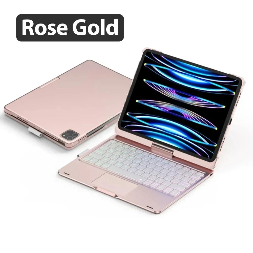 A Rose Gold backlit 360° rotatable multi-touch keyboard case for an iPad.