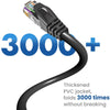 Schwarzes, robustes Ethernet-Kabel mit Stecker, beworben dafür, 3000 Mal zusammenzuklappen ohne zu brechen.