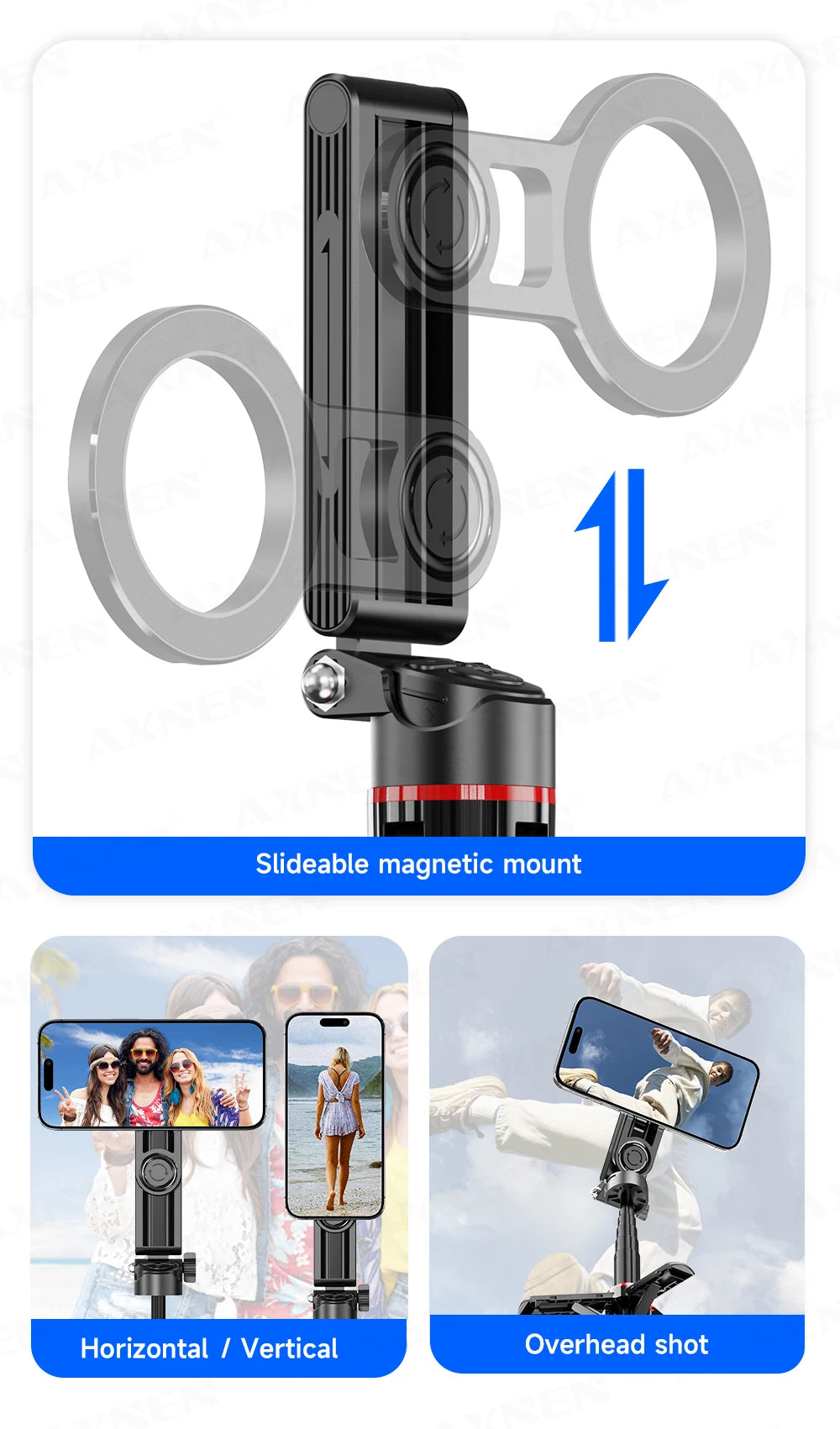 A black magnetic mount selfie stick tripod with a circular grip and adjustable angle for smartphone video.