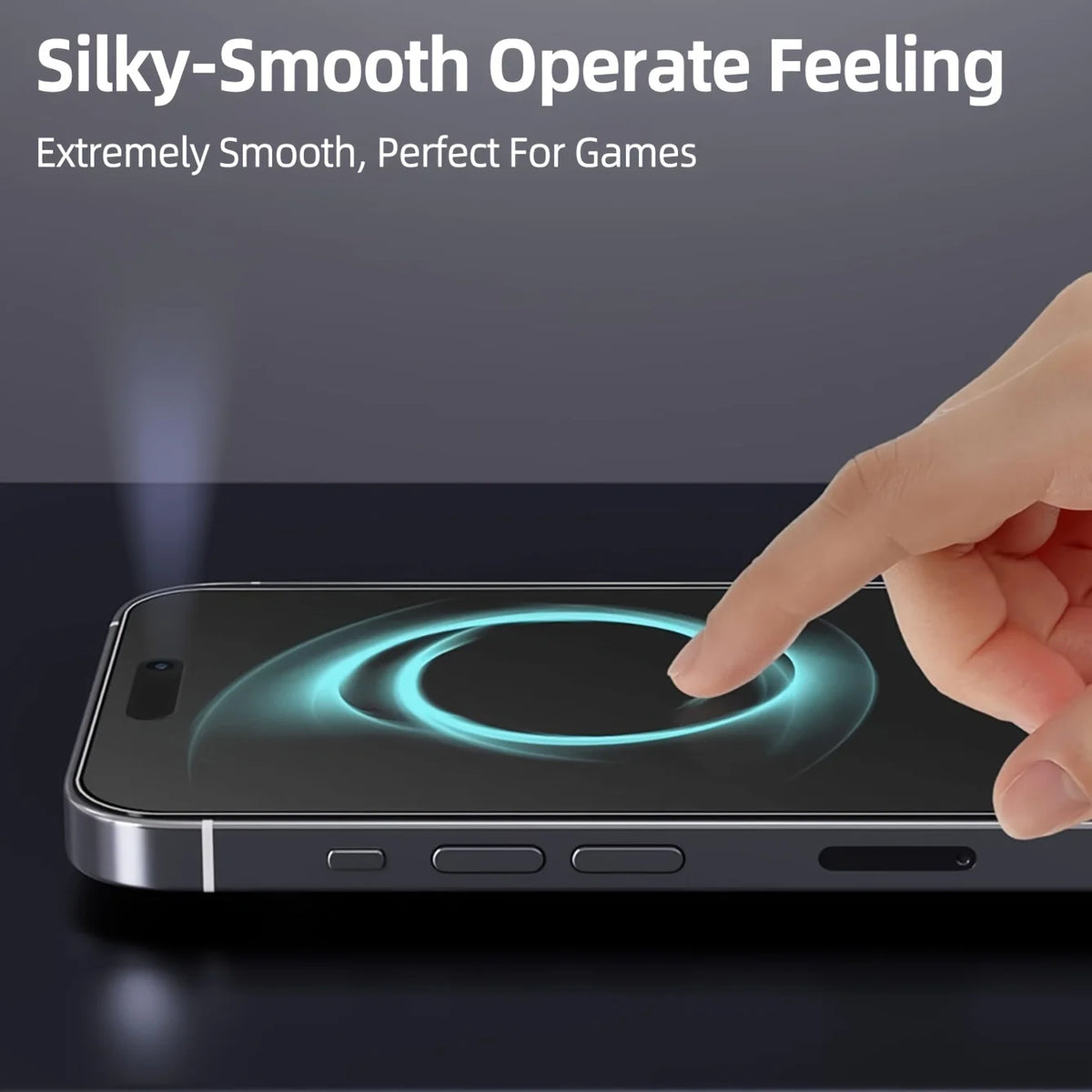 A hand touches a smartphone displaying a silky-smooth, glowing interface, demonstrating a screen protector.