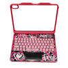 A pink keyboard case with a red frame and an RGB backlit trackpad for an iPad.