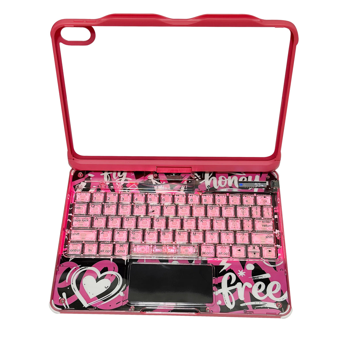 A pink keyboard case with a red frame and an RGB backlit trackpad for an iPad.
