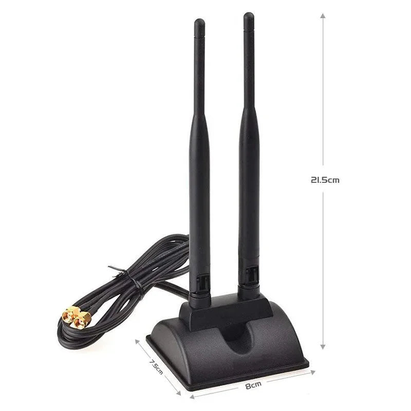 Black dual band magnetic WiFi antenna with a cord and mounting base.