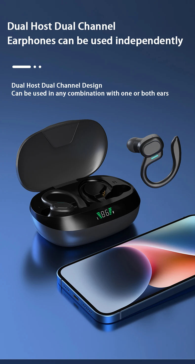 A pair of black dual host dual channel earphones are shown next to a smartphone.