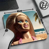 A realistic doll face mouse pad featuring a blonde woman with blue eyes and long hair, set against a beach background.