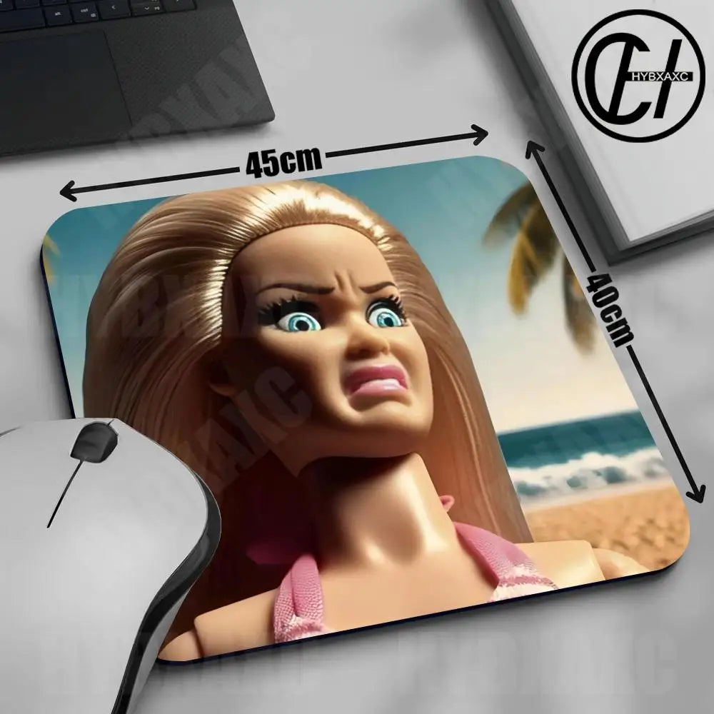A realistic doll face mouse pad featuring a blonde woman with blue eyes and long hair, set against a beach background.