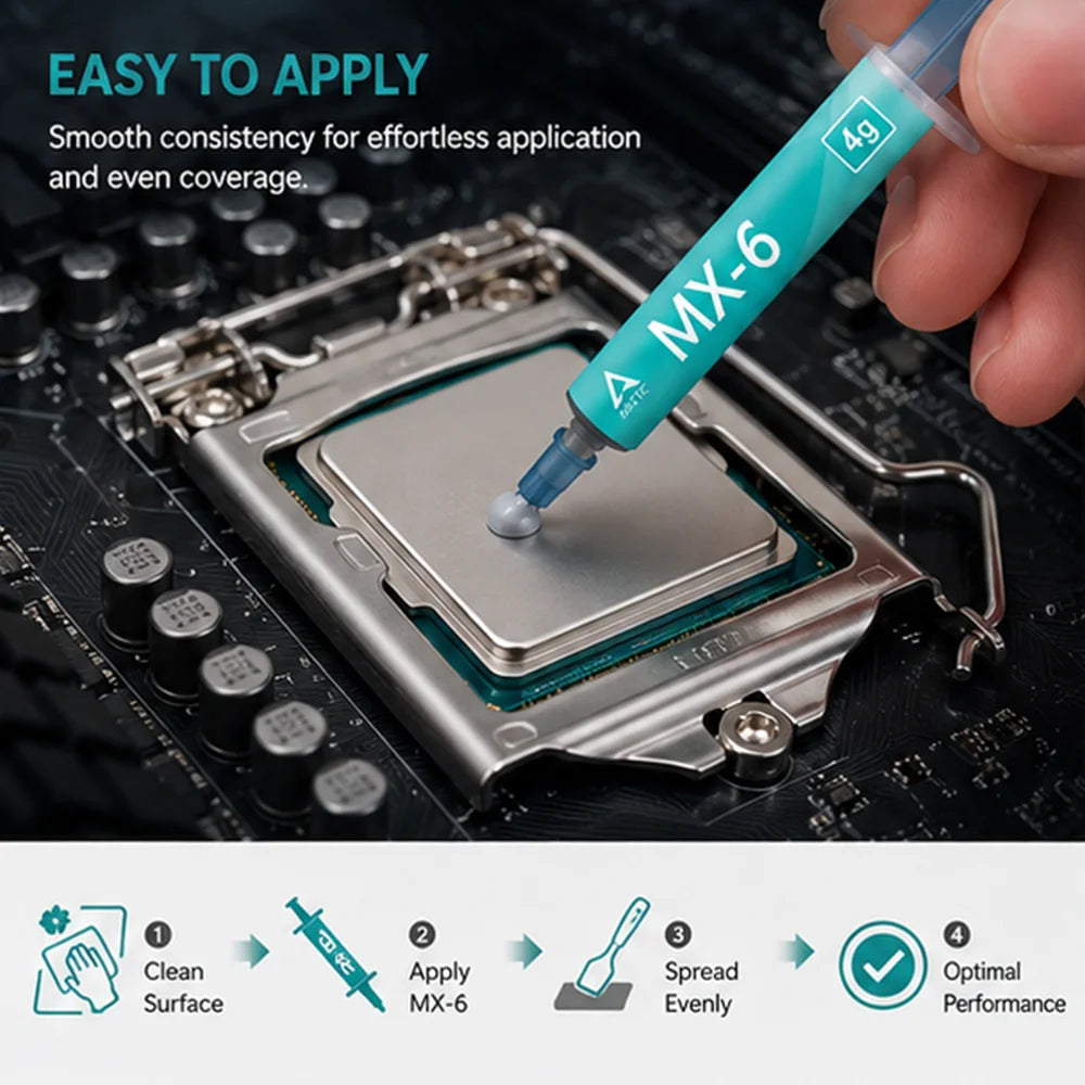 Una mano aplica una gota de pasta térmica Arctic MX-6 en la superficie de una CPU o GPU para una transferencia de calor efici