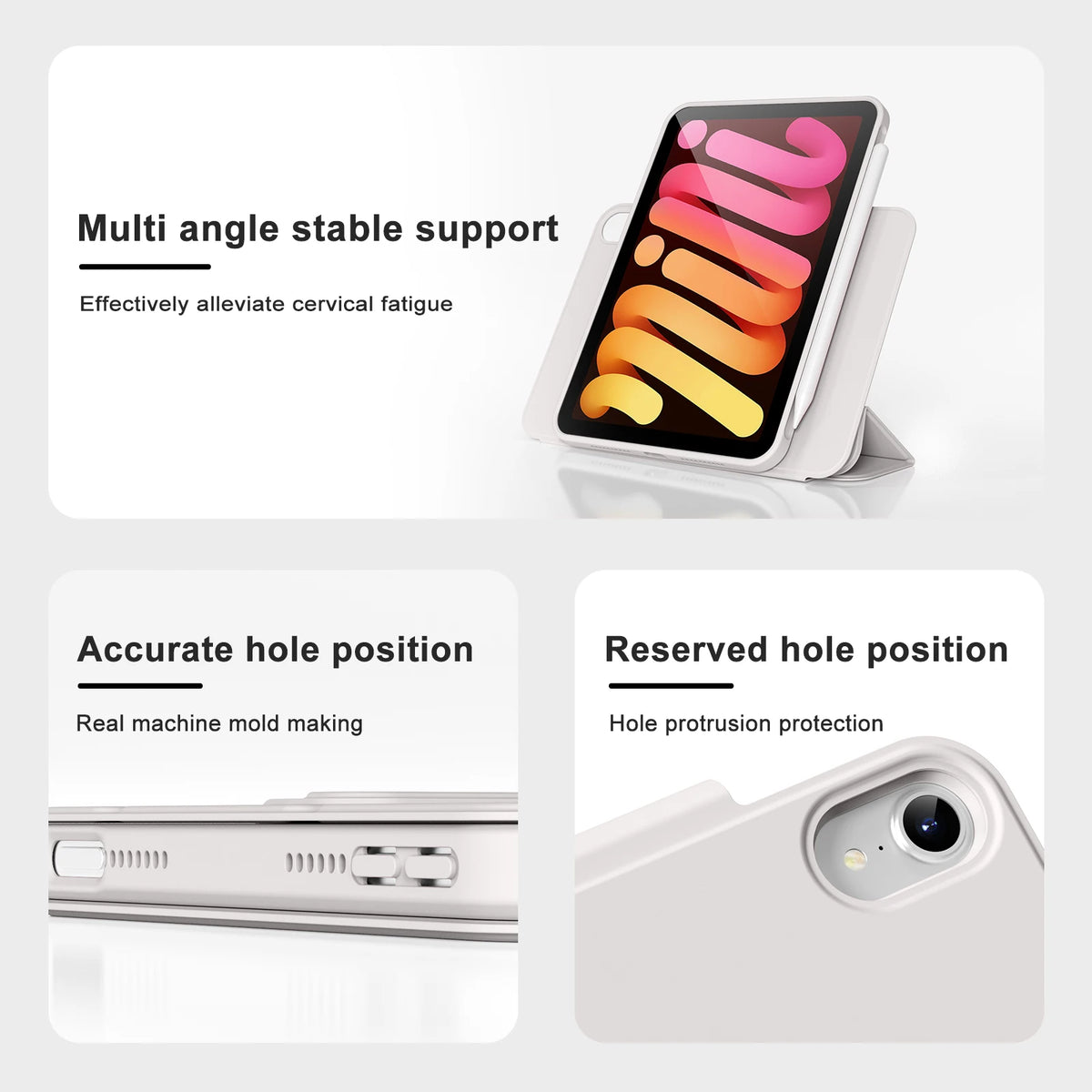 A white magnetic rotating protective case for an Apple iPad showing multi angle stable support and accurate hole positioning.