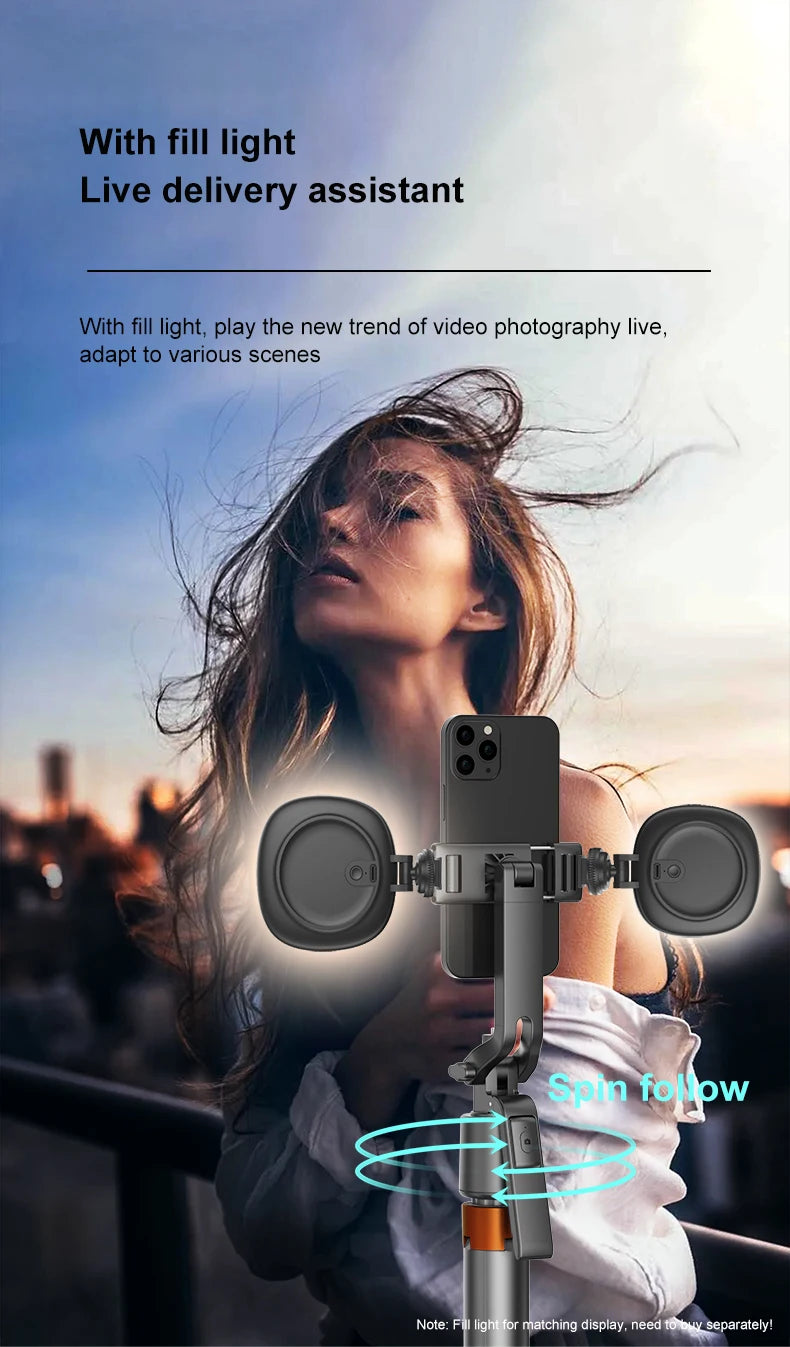 A woman holding an AI face tracking smartphone tripod with a Bluetooth remote, demonstrating live delivery assistance.