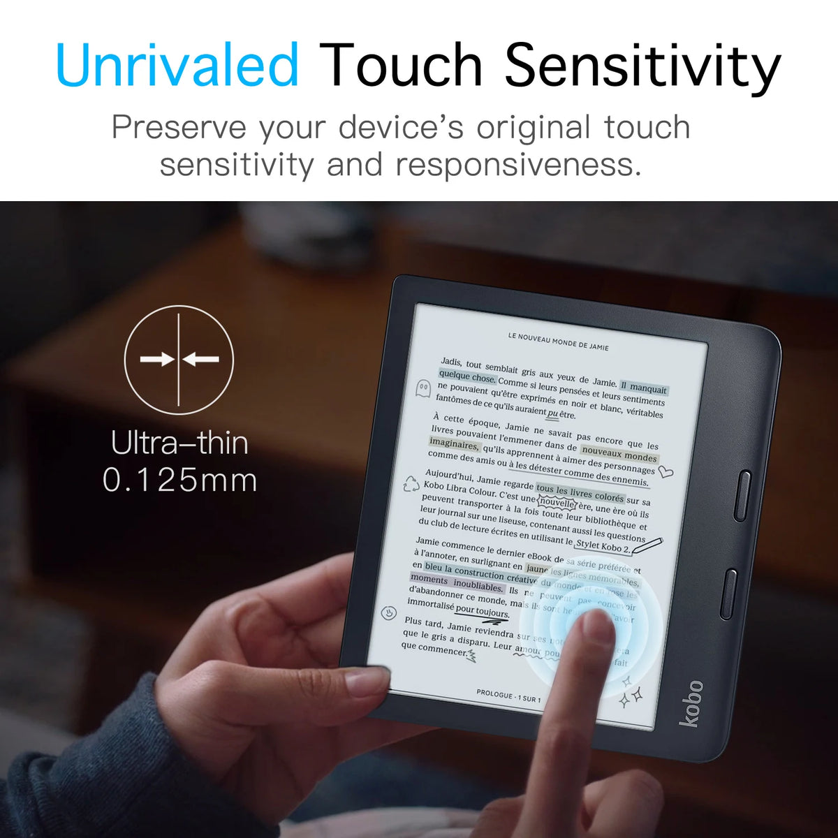 A hand holds a Kobo e-reader displaying text, emphasizing its touch sensitivity.