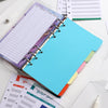 A6 budget planner binder with purple cover, blue sheet, and expense sheets on a white desk.