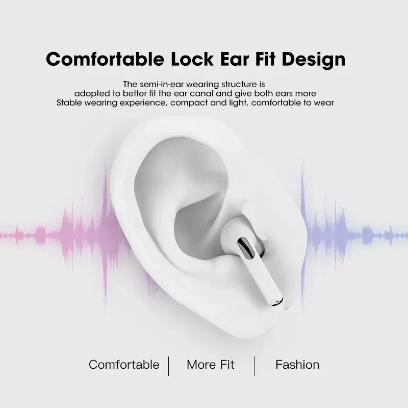 A white earbud is shown inside a stylized outline of a human ear, highlighting the comfortable fit design.