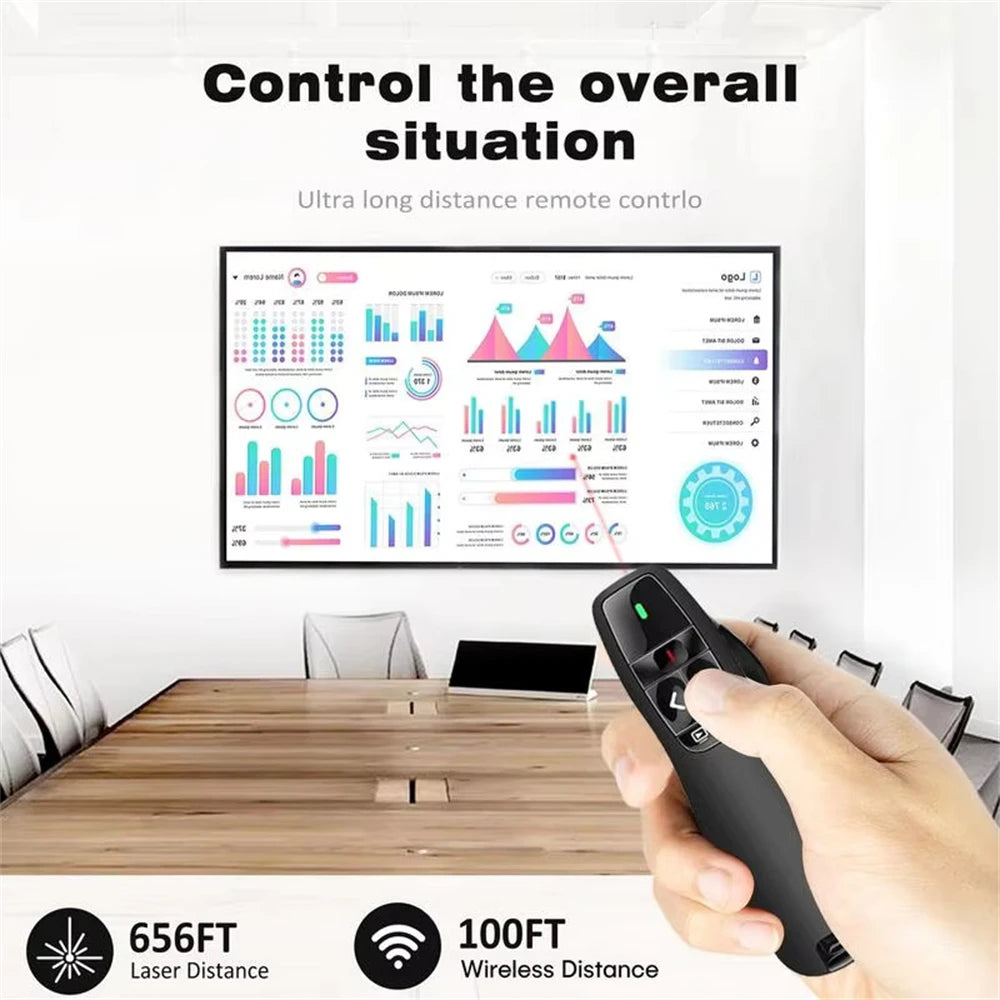 A hand holds a black pen pointer remote with a red light, demonstrating its long-distance control capability.