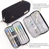 A black fabric pencil pouch with front and back compartments for organizing pens, pencils, erasers, and small accessories.