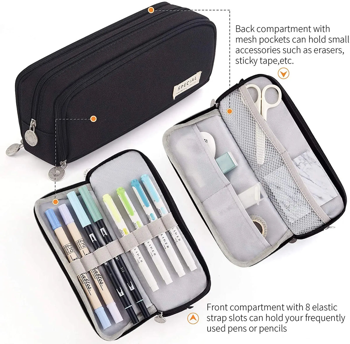 A black fabric pencil pouch with front and back compartments for organizing pens, pencils, erasers, and small accessories.