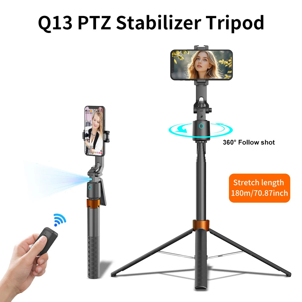 Q13 PTZ Stabilizer Tripod with a smartphone mounted for 360 degree follow shot