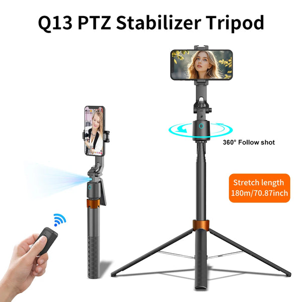 Q13 PTZ Stabilizer Tripod with a smartphone mounted for 360 degree follow shot