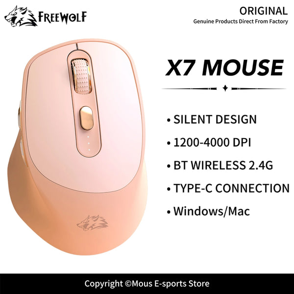 Pink X7 mouse shown from above, featuring a silent design and Type-C connection.