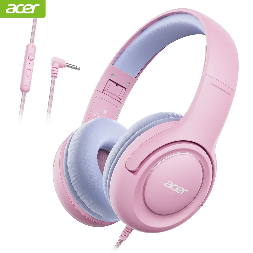 Pink wired headphones with a purple ear cup and a pink cord shown against a white background.